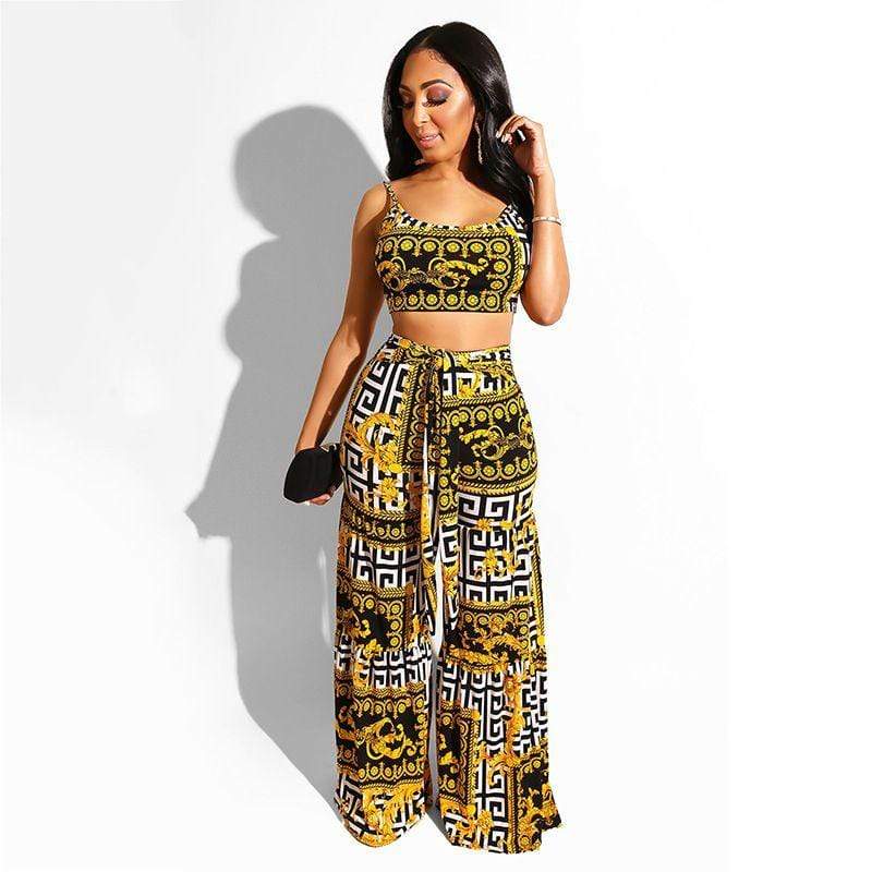 Vacation Style Women Loose Ethnic Print Cropped Camisole Lace-up Wide Leg Pants Two-piece Set