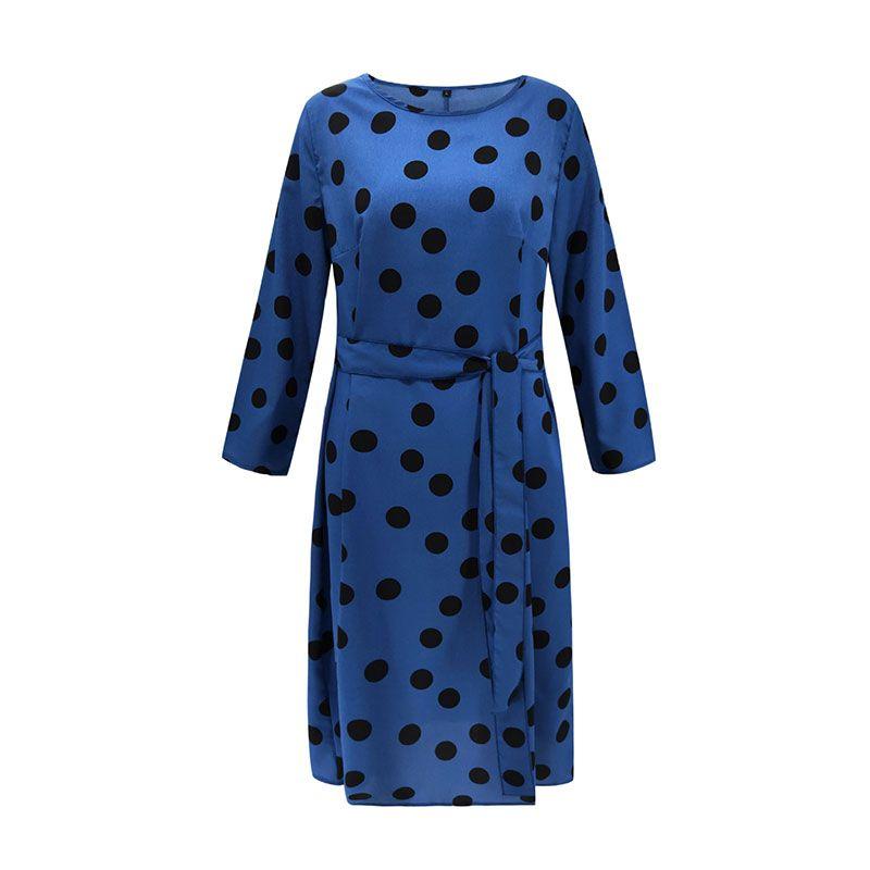 TIY Clothing Vintage Elegance Long-sleeve Polka Dot Print Self Tie Sash Midi Dress TIY