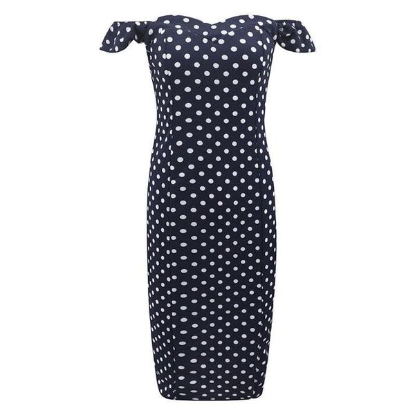 TIY Clothing Vintage Elegance Off-shoulder Polka Dot Printed Midi Length Dress TIY