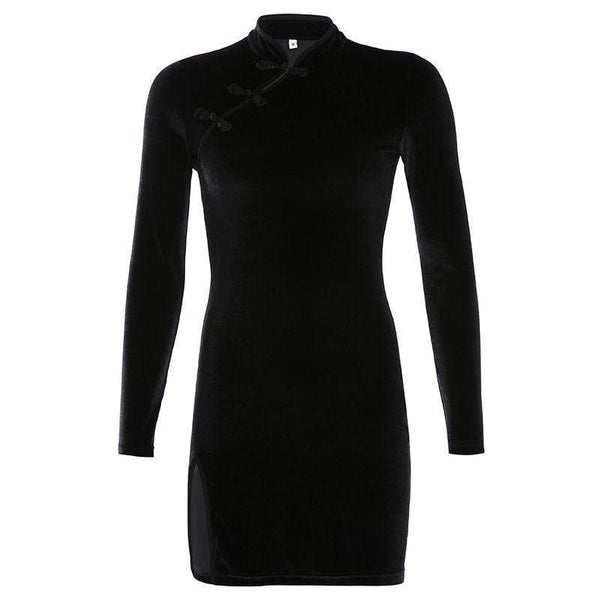 TIY Clothing Vintage Elegance Women Asymmetric Handmade Button Decor Long-sleeve Slit Tight Dress TIY