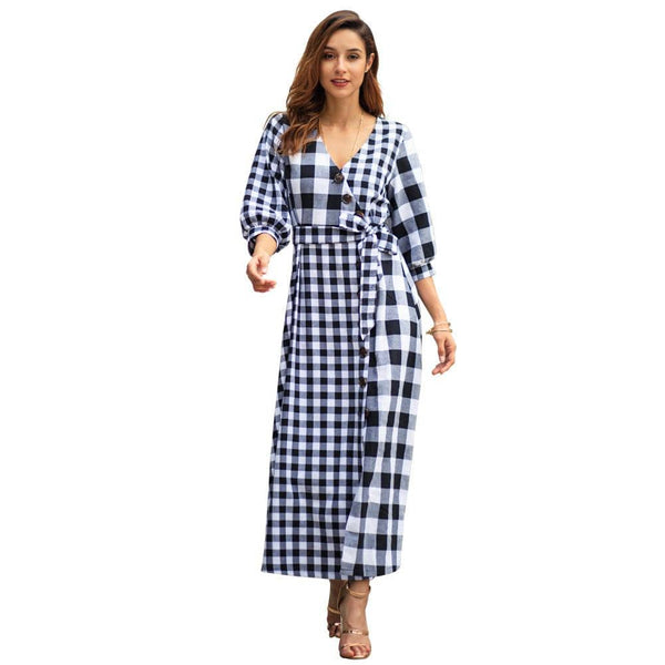 TIY Clothing Vintage Half Sleeves Design Women Plaid Print Side-slit Casual Dress TIY