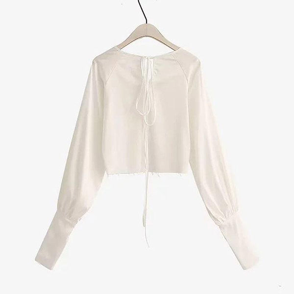 TIY Clothing Vintage Lantern Sleeve Women Solid Color Crop Top Blouse TIY