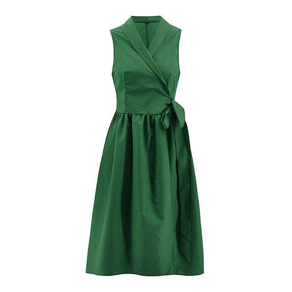 TIY Clothing Vintage Lapel Collar Solid Color Sleeveless Large Hem Dress TIY