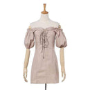 TIY Clothing Vintage Pattern Off-shoulder Lantern Sleeve Lace-up Tight Dress TIY