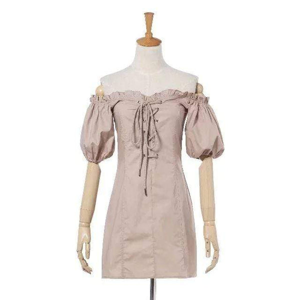 TIY Clothing Vintage Pattern Off-shoulder Lantern Sleeve Lace-up Tight Dress TIY