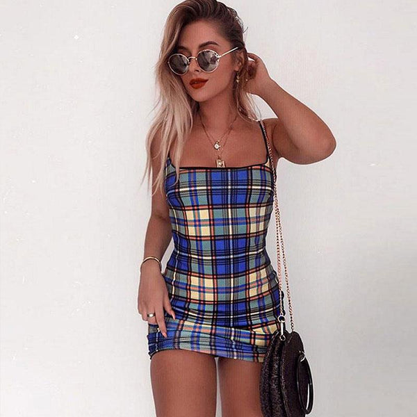 TIY Clothing Vintage Plaid Pattern Summer Casual Mini Slip Dress TIY