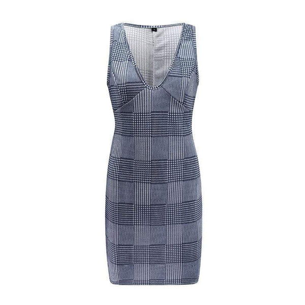 TIY Clothing Vintage Plaid Pattern Women V Neck Sleeveless Casual Mini Dress TIY