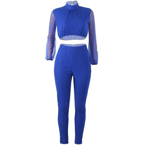 TIY Clothing Vintage Polka Dot Pattern Mesh Long-sleeve Cropped Top Tight Pants Set TIY