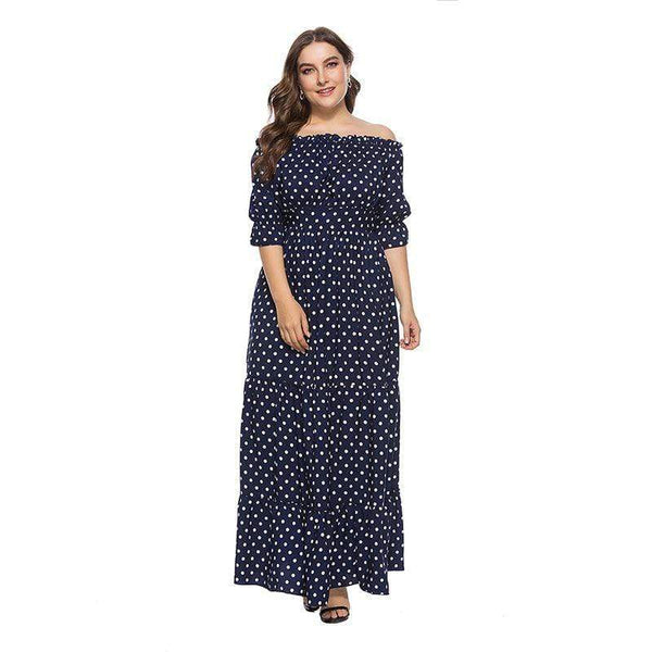 TIY Clothing Vintage Polka Dot Print Women Frilled Off-shoulder Summer Beach Maxi Dress TIY