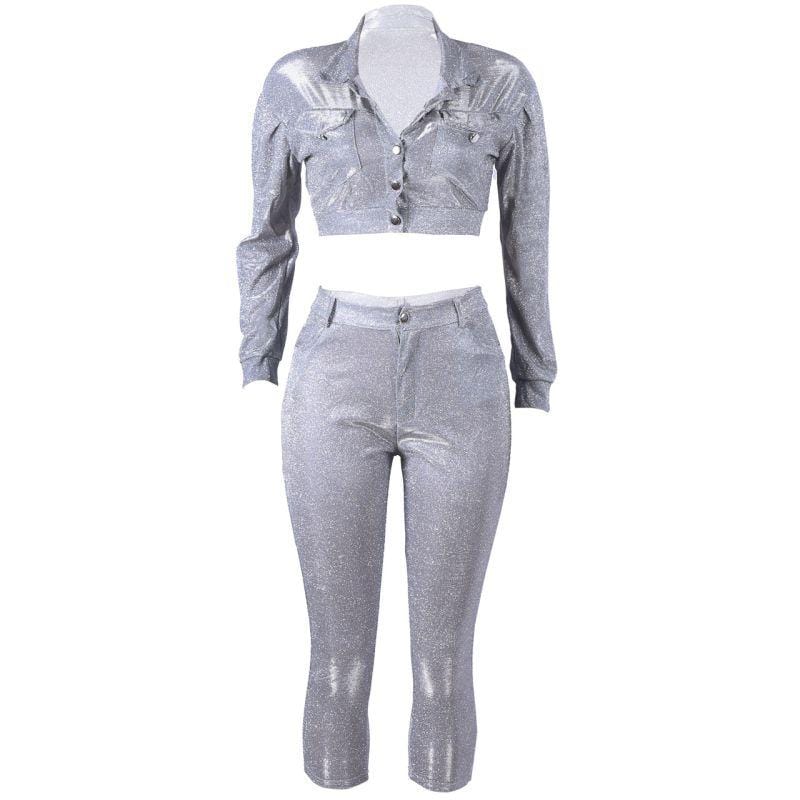 TIY Clothing Vintage Punk Style Women Glitter Zipper Pattern Cropped Top Pants Two-piece Set TIY