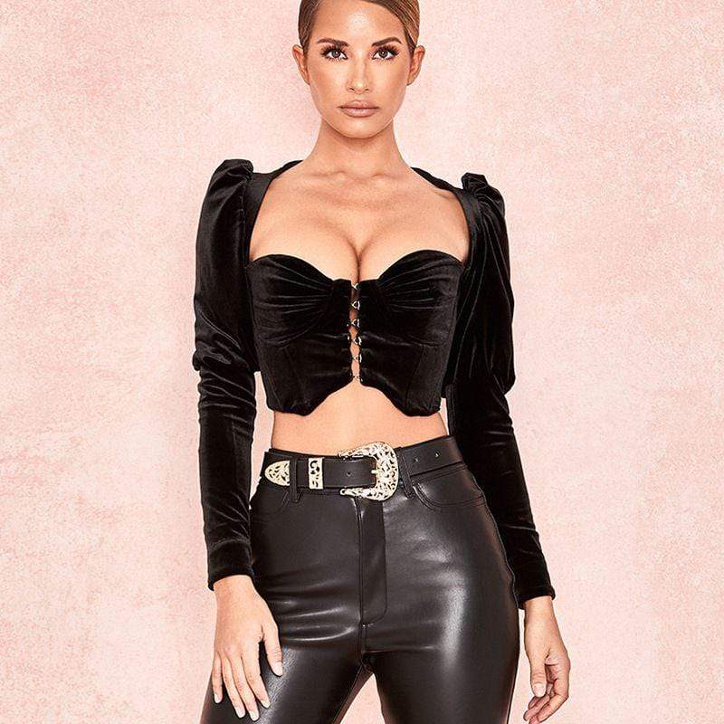 TIY Clothing Vintage Square Neck Long-sleeve Zipper Pattern Cropped Blouse TIY