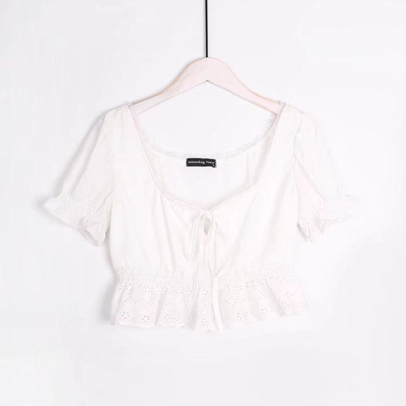 TIY Clothing Vintage Square Neck Puff Sleeve Ruffled Embroidery Design Crop Top TIY