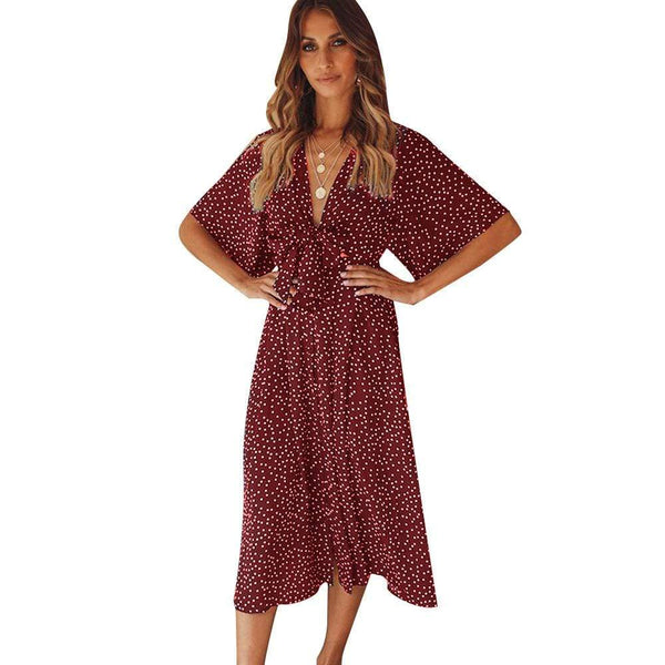 TIY Clothing Vintage Style Polka Dot Print Knotted Short-sleeve Dress TIY
