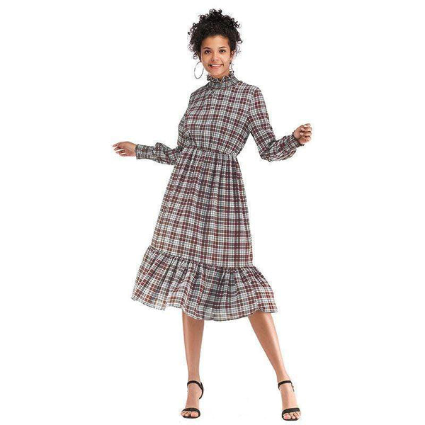 TIY Clothing Vintage Style Women Plaid Pattern Long Sleeves Elegant Chiffon Dress TIY