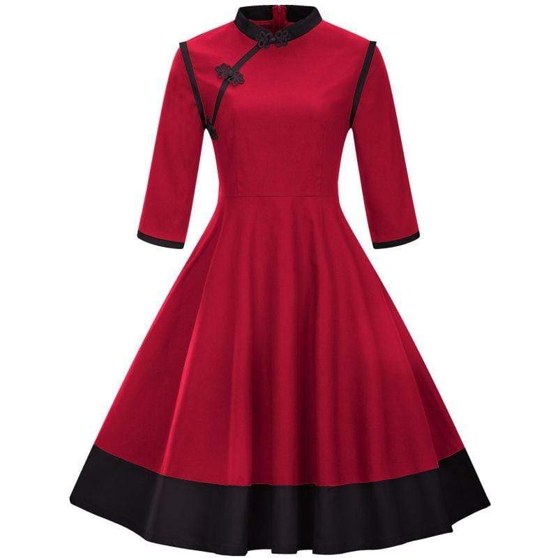 TIY Clothing Vintage Style Women Plus Size Color Blocking Design Stand Collar Tutu Dress TIY