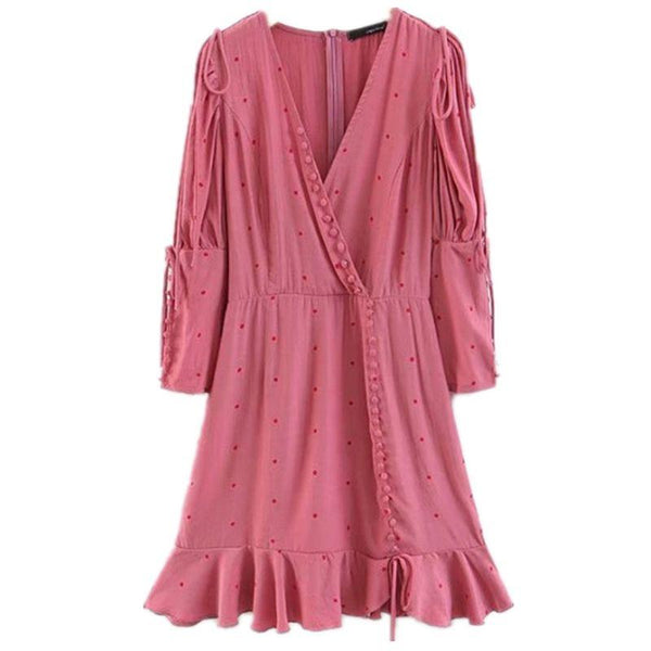 TIY Clothing Vintage Style Women Solid Color Long Sleeves V Neck Flouncing Hemline Dress TIY