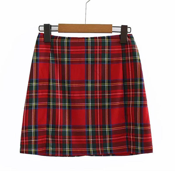 TIY Clothing Vintage Women High-waisted Side-slit Plaid Print A-line Skirt TIY