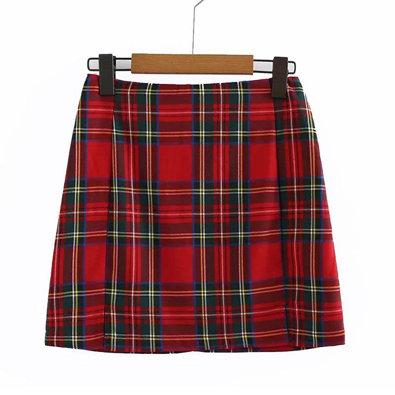 TIY Clothing Vintage Women High-waisted Side-slit Plaid Print A-line Skirt TIY