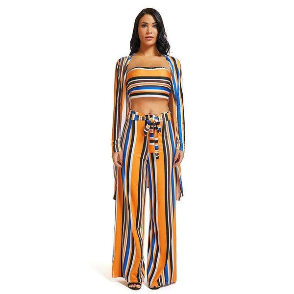 TIY Clothing Vintage Women Multicolor Stripes Pattern Three-piece Outfit Set TIY