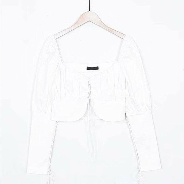 TIY Clothing Vintage Women Sexy Square Neck Long-sleeve Lace-up Design Crop Top TIY