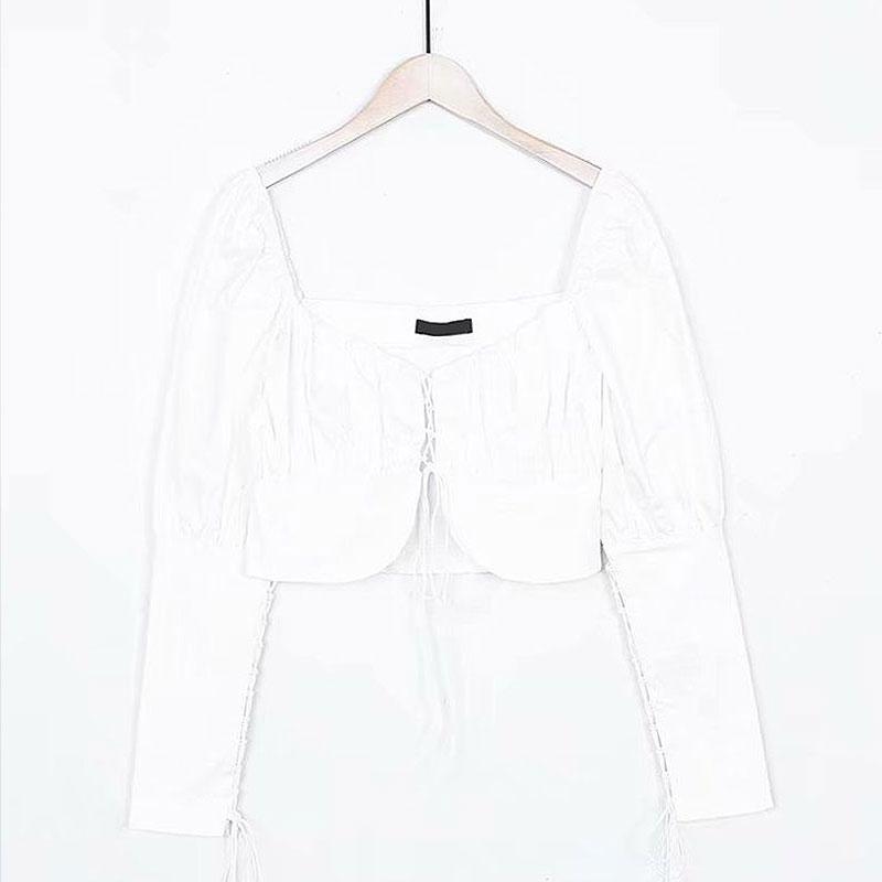 TIY Clothing Vintage Women Sexy Square Neck Long-sleeve Lace-up Design Crop Top TIY