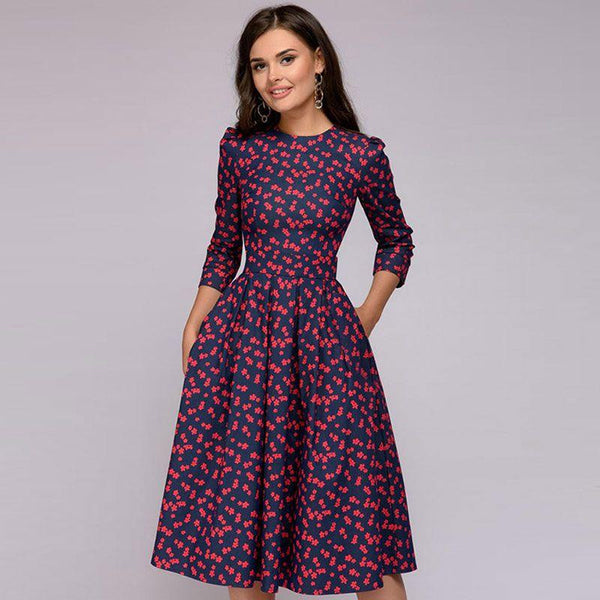 TIY Clothing Vintage Women Three Quarter Sleeve Tiny Flower Printed A-line Midi Dress TIY