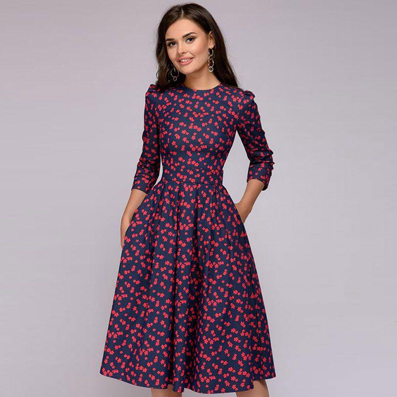 TIY Clothing Vintage Women Three Quarter Sleeve Tiny Flower Printed A-line Midi Dress TIY