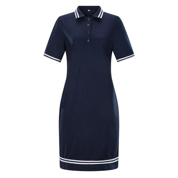 Women Classic Solid Color Straight Pattern Lapel Collar Short Sleeves Dress