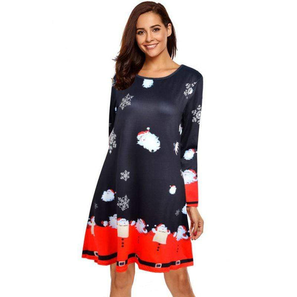 Women Round Collar Long-sleeve Christmas Pattern Dress