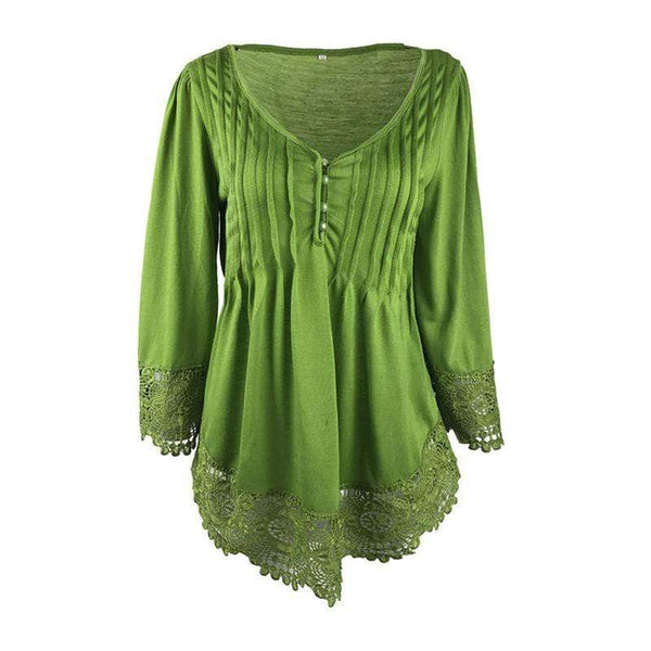 Women's Elegant Fashion Sweet V-Neck Sleeves Lower Hem Lace Splicing Design Tops Blouses