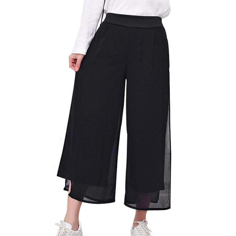 Women's Fashion Style Loose 2-layers Split Elastic Waist Wide Leg Pants