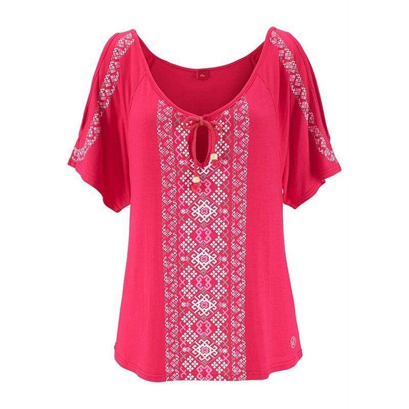 Women's Sexy Loose Fashion Casual Ethnic Pattern Printed Cold Shoulder Short Sleeves Blouses