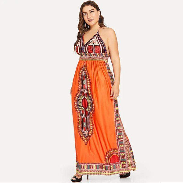 Women Sexy Sleeveless Halter Pattern Bright Color Vacation Maxi Dress