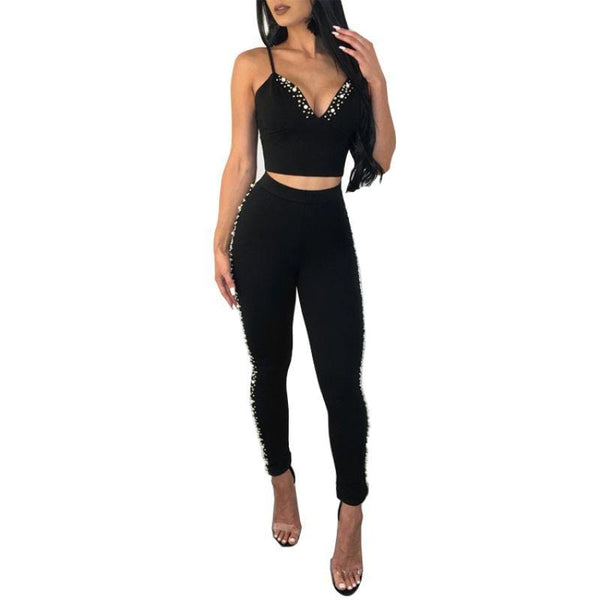 Women Sexy Solid Color Camis Tight Pants Imitation Pearl Decor Two-piece Set