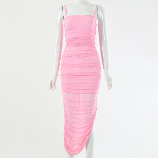 Women Sexy Solid Color Creased Side-slit Figure Flattering Slip Dress