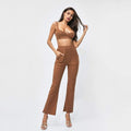 Women Sexy Solid Color Knit Crop Camisole And Flare Trousers Set