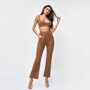 Women Sexy Solid Color Knit Crop Camisole And Flare Trousers Set