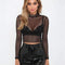 Women Sexy Solid Color See-through Mesh Long-sleeve Design Crop Top