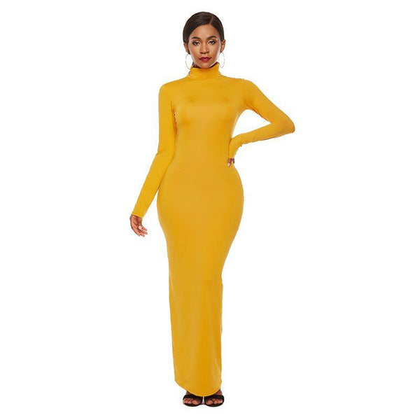 Women Sexy Turtle Neck Long-sleeve Solid Color Bodycon Dress