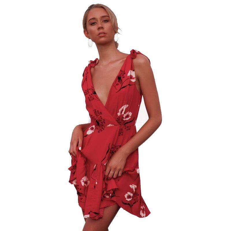 Women Sexy V Neck Floral Print Flounce Mini Dress