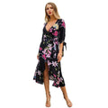 Women Sexy V Neck Floral Printed Defined Waist Casual Dress