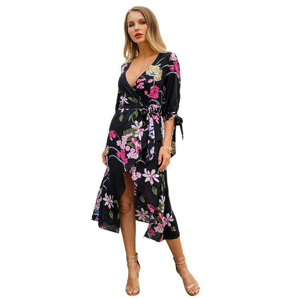 Women Sexy V Neck Floral Printed Defined Waist Casual Dress