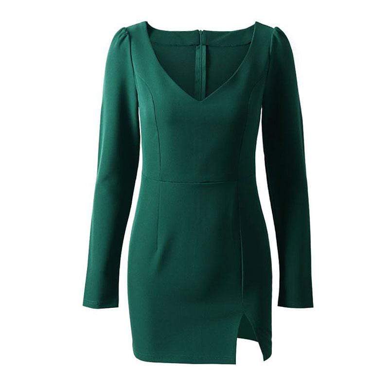 Women Sexy V Neck Long-sleeve Side-slit Bodycon Dress