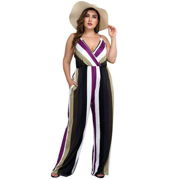 Women Sexy V Neck Stripe Print Defined Waist Casual Jumpsuits