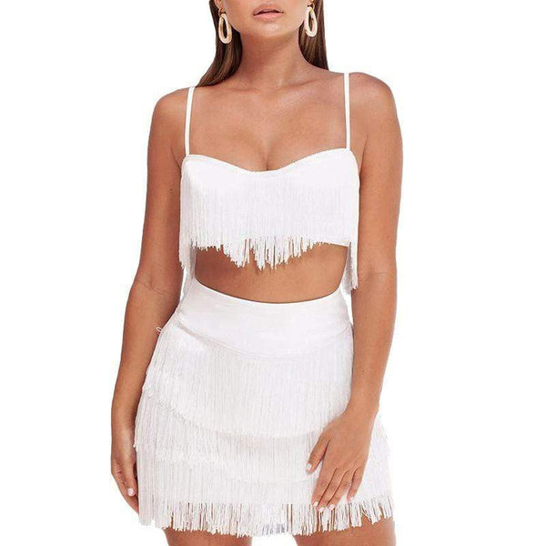 Women Sexy Vacation Style Solid Color Tassel Camis And Tight Skirt Set