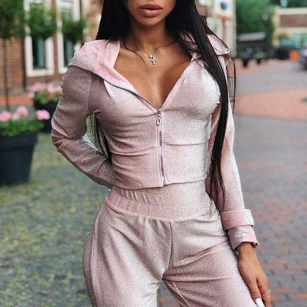 Women Shining Long-sleeve Zipper Hoodies Jogger Pants Two-piece Set