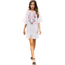 Women Simple White Color Rose Embroideries Half Sleeve Casual Dress