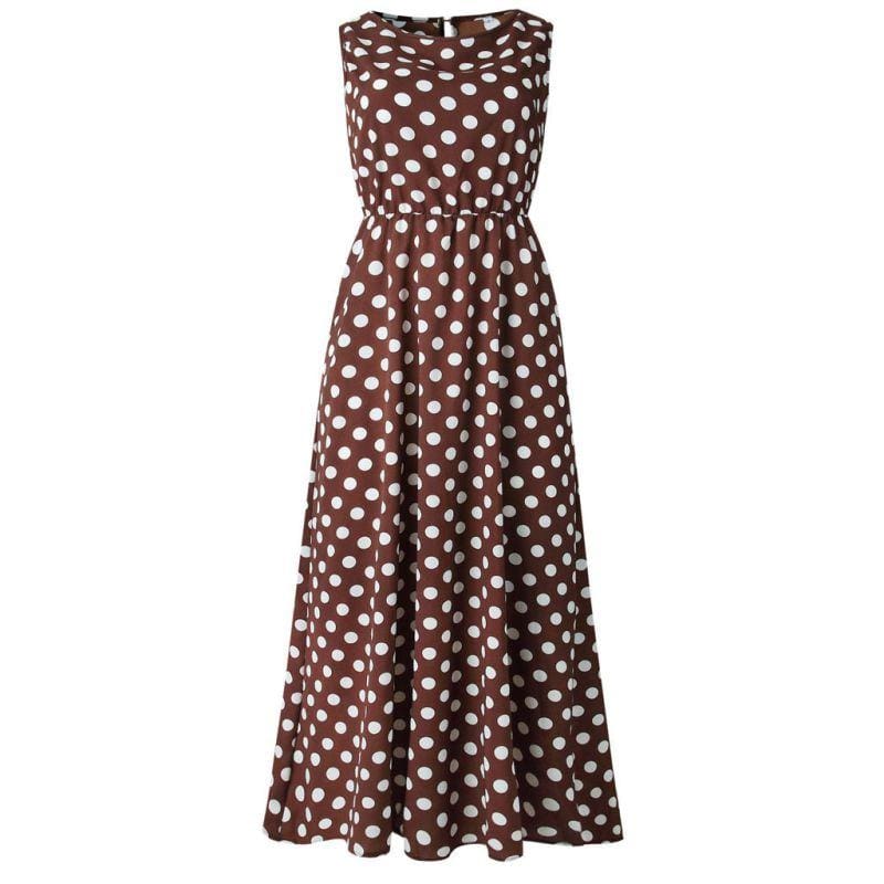 Women Sleeveless Polka Dot Print Defined Waist Maxi Dress