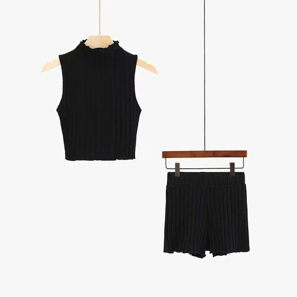 Women Sleeveless Rib-knit Cropped Tank Top Casual Shorts Two-piece Set