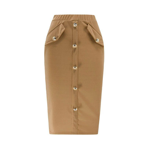 Women Solid Color Button Pocket Decor Medium Length Skirt